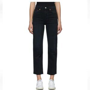 RE/DONE Stove Pipe Cropped High-Rise Button Fly Raw Hem Black Jeans s24‎